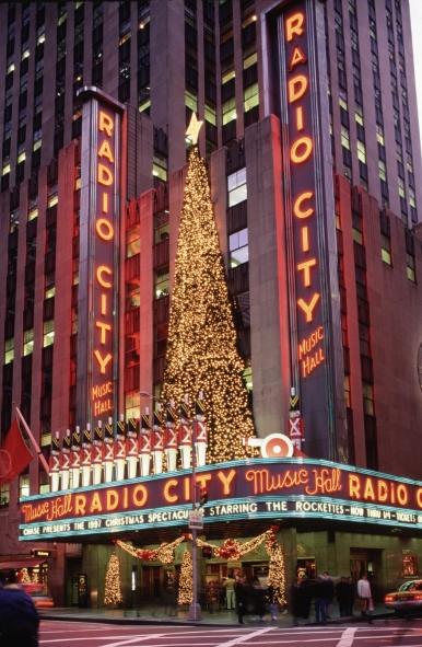 Radio City Music Hall all decked out in festive decorations