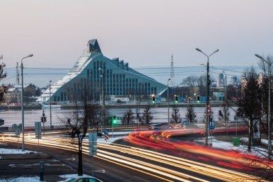 The National Library rises on the banks of the Daugava River, and faces the Old Town