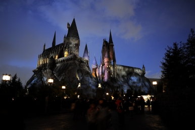 The imposing Hogwarts Castle at Universal Studios Japan, at dusk