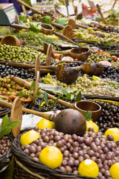 Olives for sale at the Les Halles market