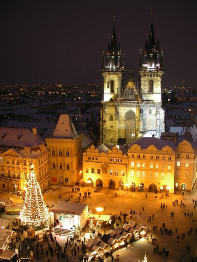 Aerial view of the Old Town Square with the imposing Church of Our Lady before Týn in the background