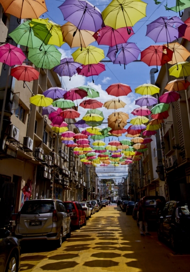 Colourful umbrellas decorate a back alley in Petaling Jaya