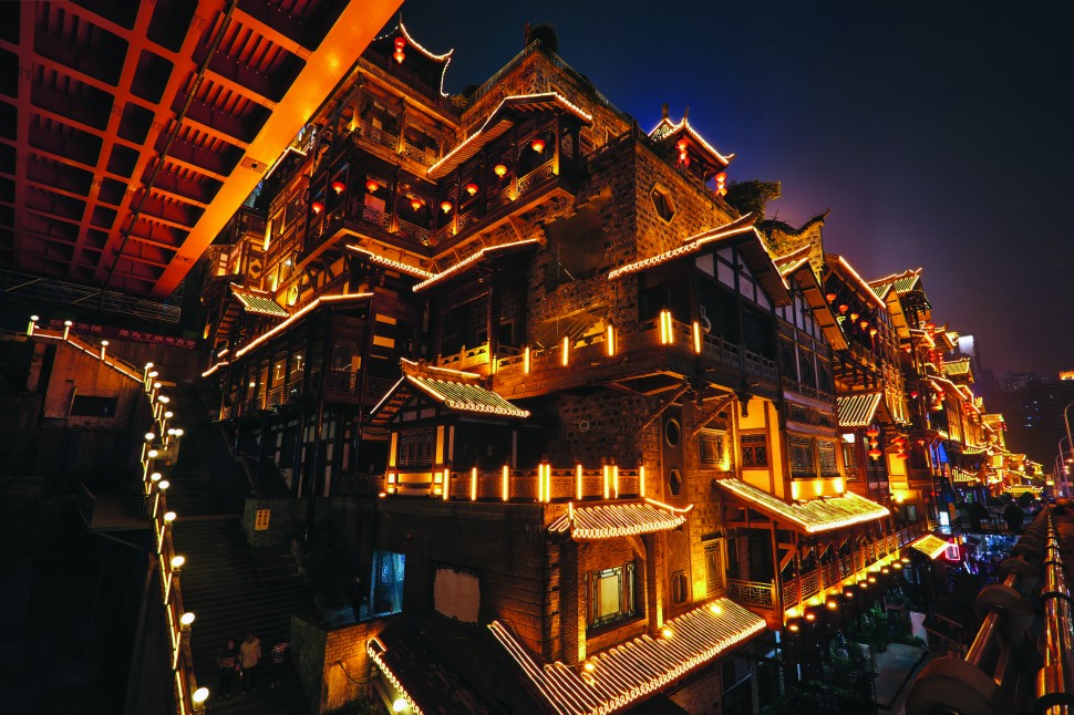 The spectacular, though garish, Hongyadong is an 11 storey stilt house built against a cliff. It has an incredible selection of restaurants, food stalls and souvenir shops