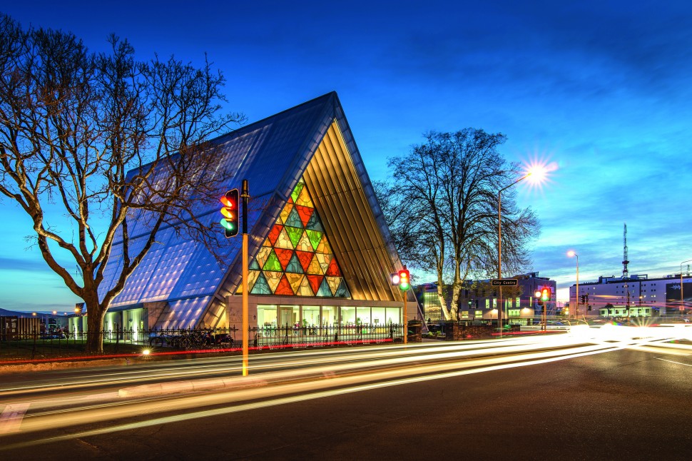 The Cardboard Cathedral in Christchurch sits several blocks from the Christchurch Cathedral which was badly damaged by the 2011 earthquake