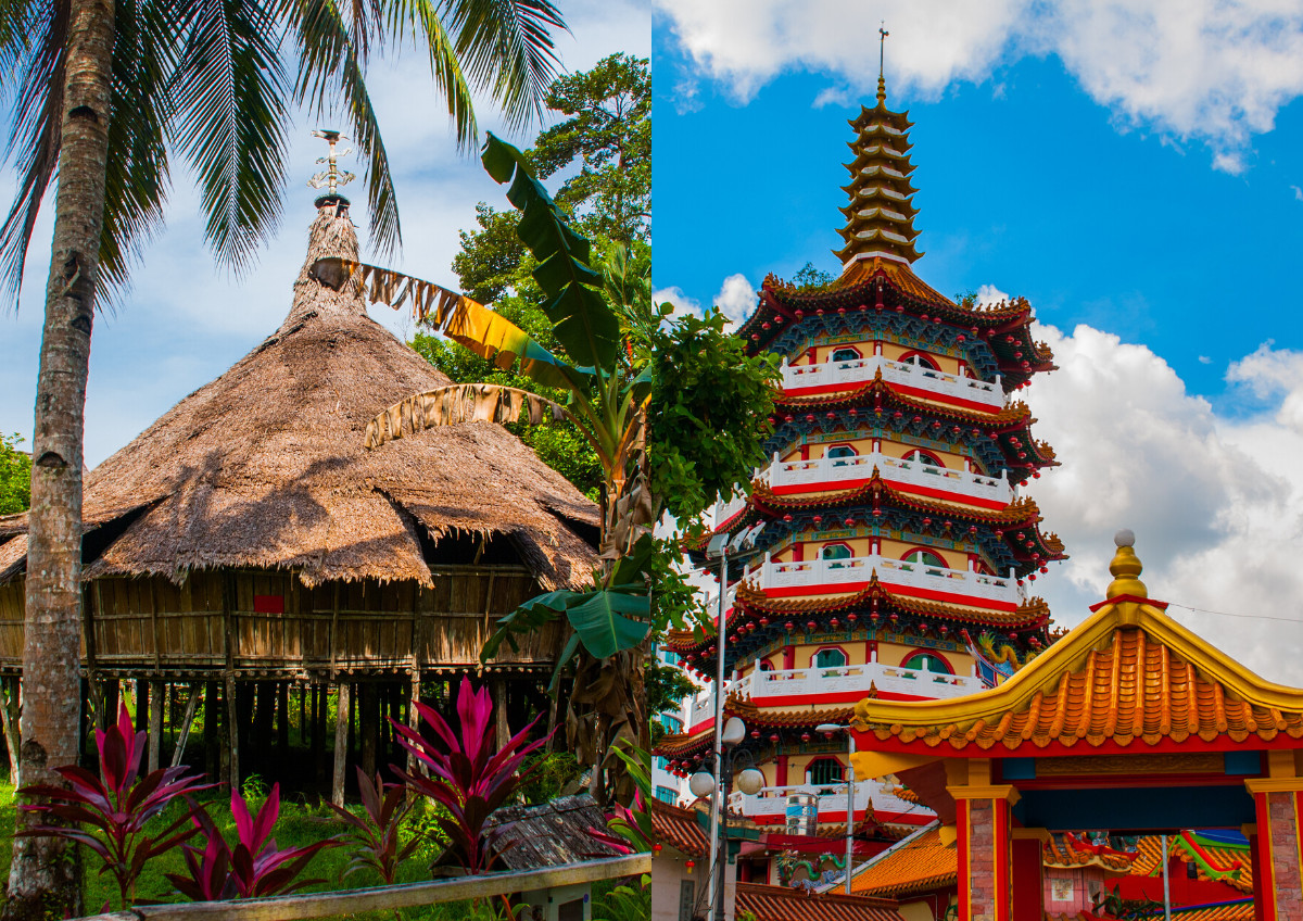 Pictured (from left to right): A traditional wooden Melanau house in the Sarawak Culture village; The colourful Tua Pek Kong Temple 