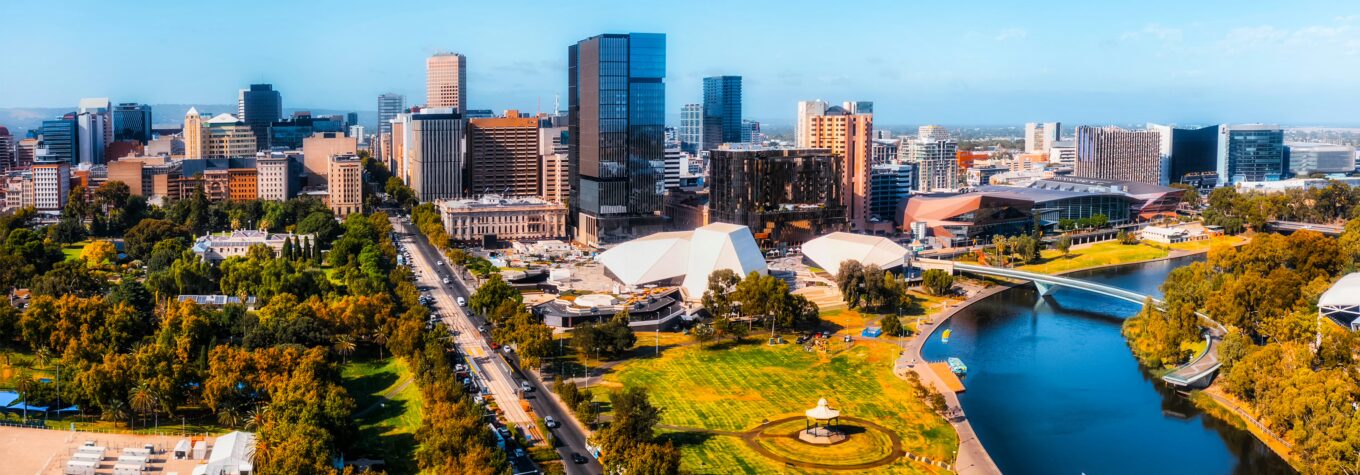 Skyline of Adelaide cityscape on shores of Torrens river