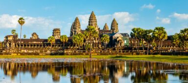 Cambodian landmark Angkor Wat with reflection