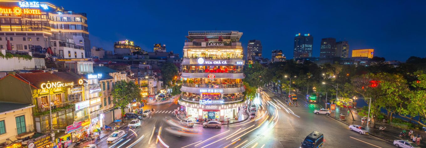 Night at the building called Shark Jaw, at Dong Kinh Nghia Thuc Square, in the Old Quarter of Hanoi City