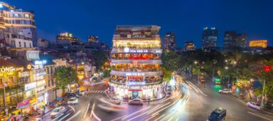 Night at the building called Shark Jaw, at Dong Kinh Nghia Thuc Square, in the Old Quarter of Hanoi City