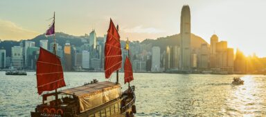 A Chinese junk sail around Victoria Harbour
