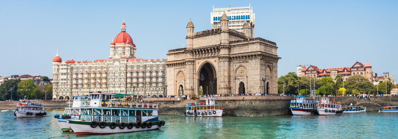 The Gateway of India and boats as seen from the Mumbai Harbour in Mumbai