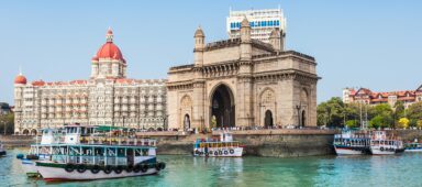 The Gateway of India and boats as seen from the Mumbai Harbour in Mumbai