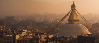 Boudhanath stupa, the largest in Nepal, during sunset