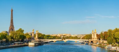 Morning sunlight panorama of Pont Alexandre III bridge with Eiffel Tower in the background in Paris