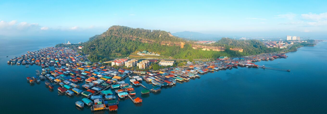 An aerial panoramic view of local water village houses at Sandakan