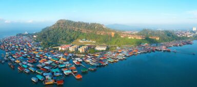An aerial panoramic view of local water village houses at Sandakan
