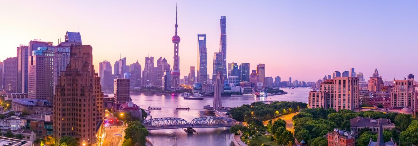Aerial view of Shanghai skyline with beautiful fire clouds at sunrise