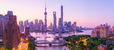 Aerial view of Shanghai skyline with beautiful fire clouds at sunrise