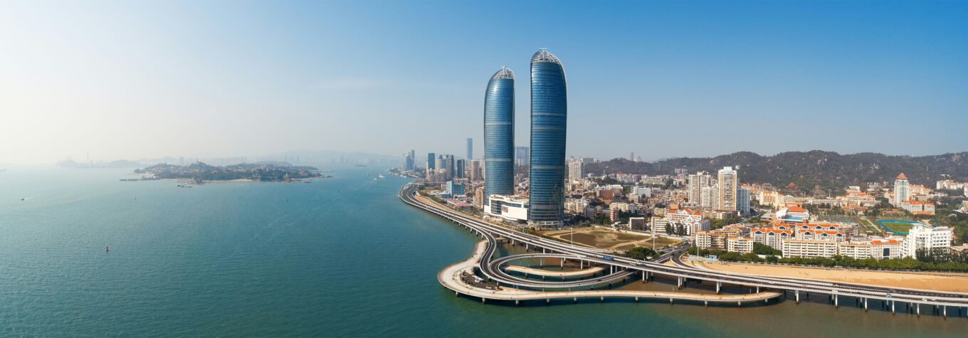 Aerial photography of the twin towers of the World Trade Center in Xiamen