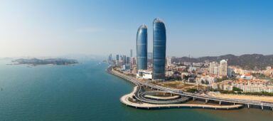 Aerial photography of the twin towers of the World Trade Center in Xiamen