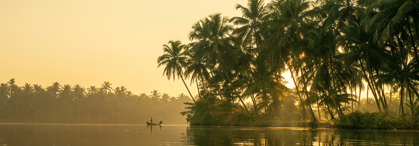 Beautiful sunrise scene of Kerala backwaters with small traditional boat